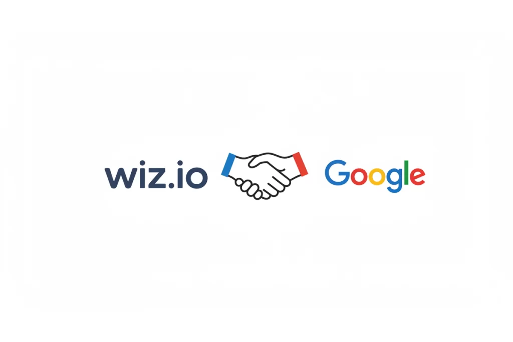 "Image representing the strategic partnership between Google and Wiz, highlighting their collaboration to strengthen cloud security and global cybersecurity. Symbolizes innovation, data protection, and market impact.