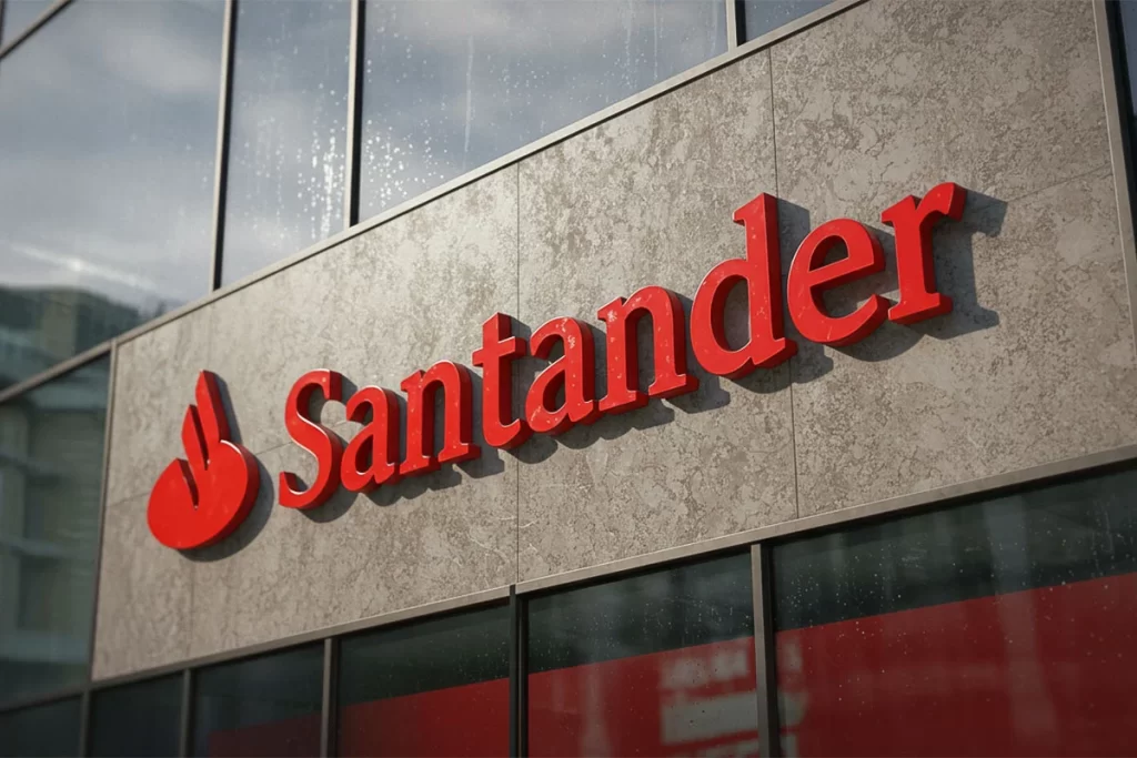 Exterior of a Santander Bank branch in the UK, showcasing the iconic logo and traditional architecture. This image relates to Santander Bank branch closures and their impact on customers and the local economy.