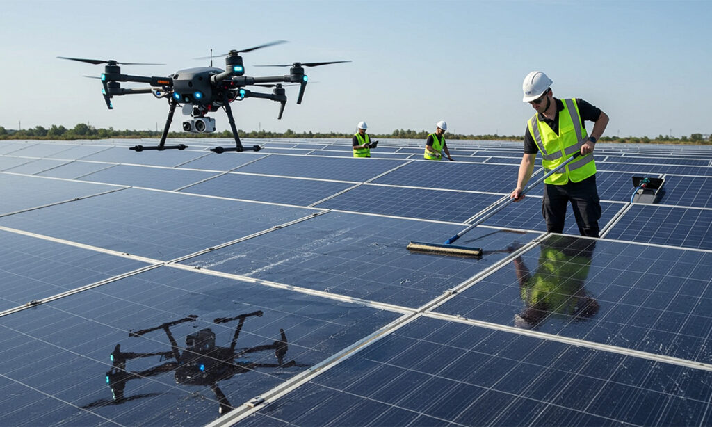 Professionals from solar panel cleaning companies using drones and manual techniques to clean solar panels, maximizing efficiency and energy output in large-scale solar farms.