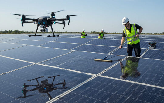 Professionals from solar panel cleaning companies using drones and manual techniques to clean solar panels, maximizing efficiency and energy output in large-scale solar farms.