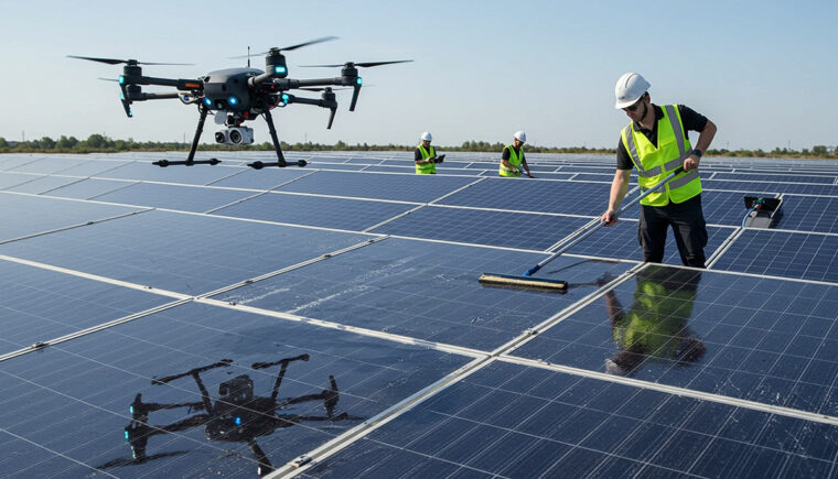 Professionals from solar panel cleaning companies using drones and manual techniques to clean solar panels, maximizing efficiency and energy output in large-scale solar farms.