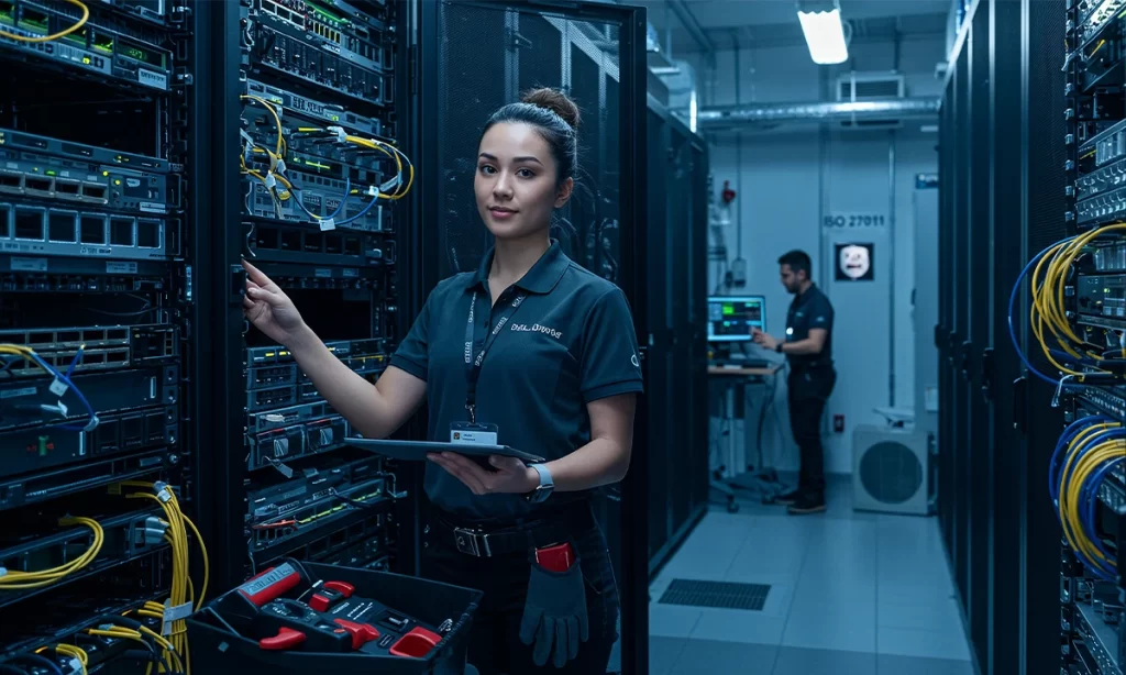 A woman working on a computer in a modern office environment, using server-based computing technology to manage data and resources across a network, showcasing the benefits of centralized IT infrastructure for businesses.