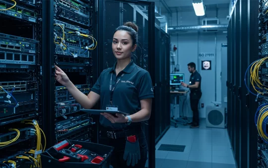 A woman working on a computer in a modern office environment, using server-based computing technology to manage data and resources across a network, showcasing the benefits of centralized IT infrastructure for businesses.