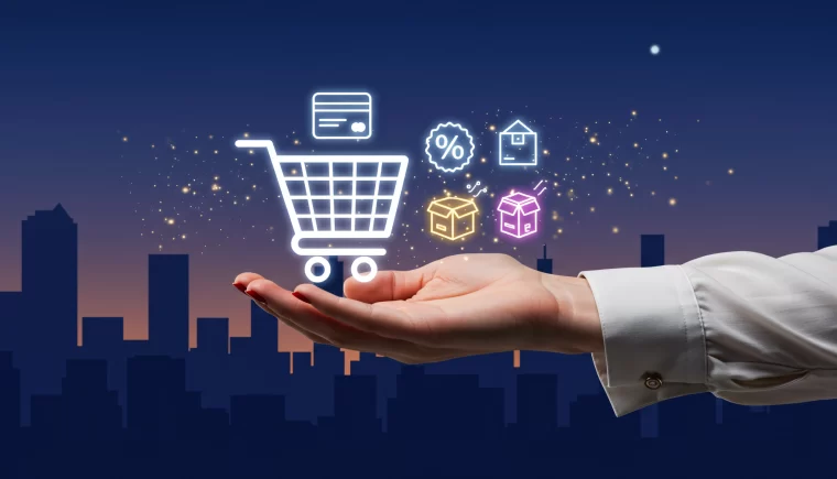 A person orders products via smartphone, symbolizing how the digital economy transforms global commerce and consumer behavior.
