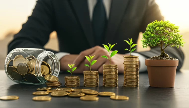 Stacks of coins growing into trees symbolize financial sustainability and green investments, showing wealth growth without harming nature.