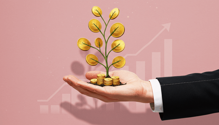 3D illustration of a golden sapling growing from stacked coins, symbolizing 'How to FI' through compound growth and financial independence.