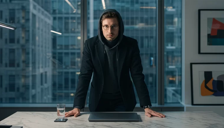 Stealth mode startup CEO in black hoodie working late in modern Manhattan office with marble desk and city skyline view.