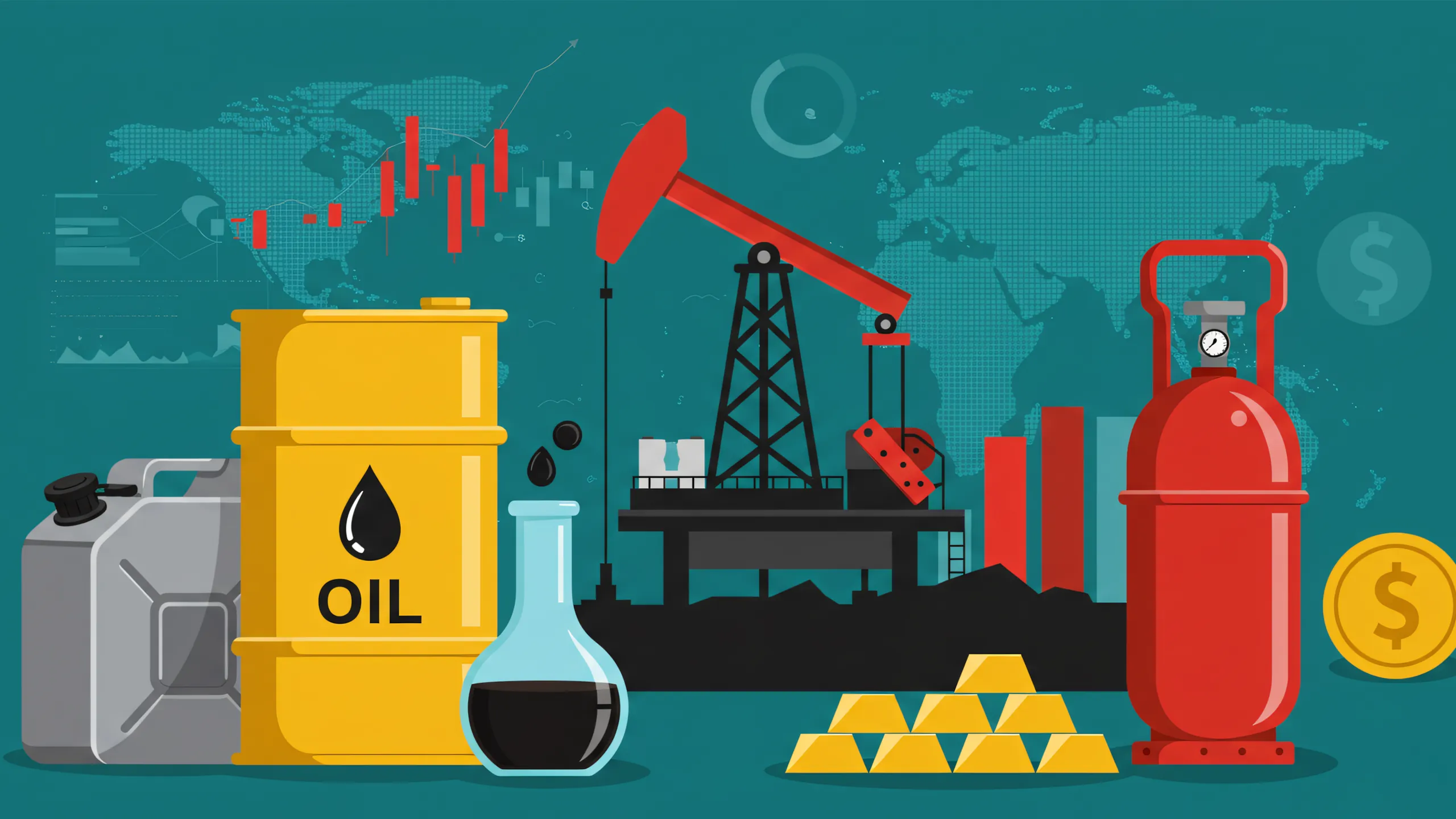 Blockchain network optimizing energy commodities trading, featuring oil, gas, and renewables in a digital ecosystem.